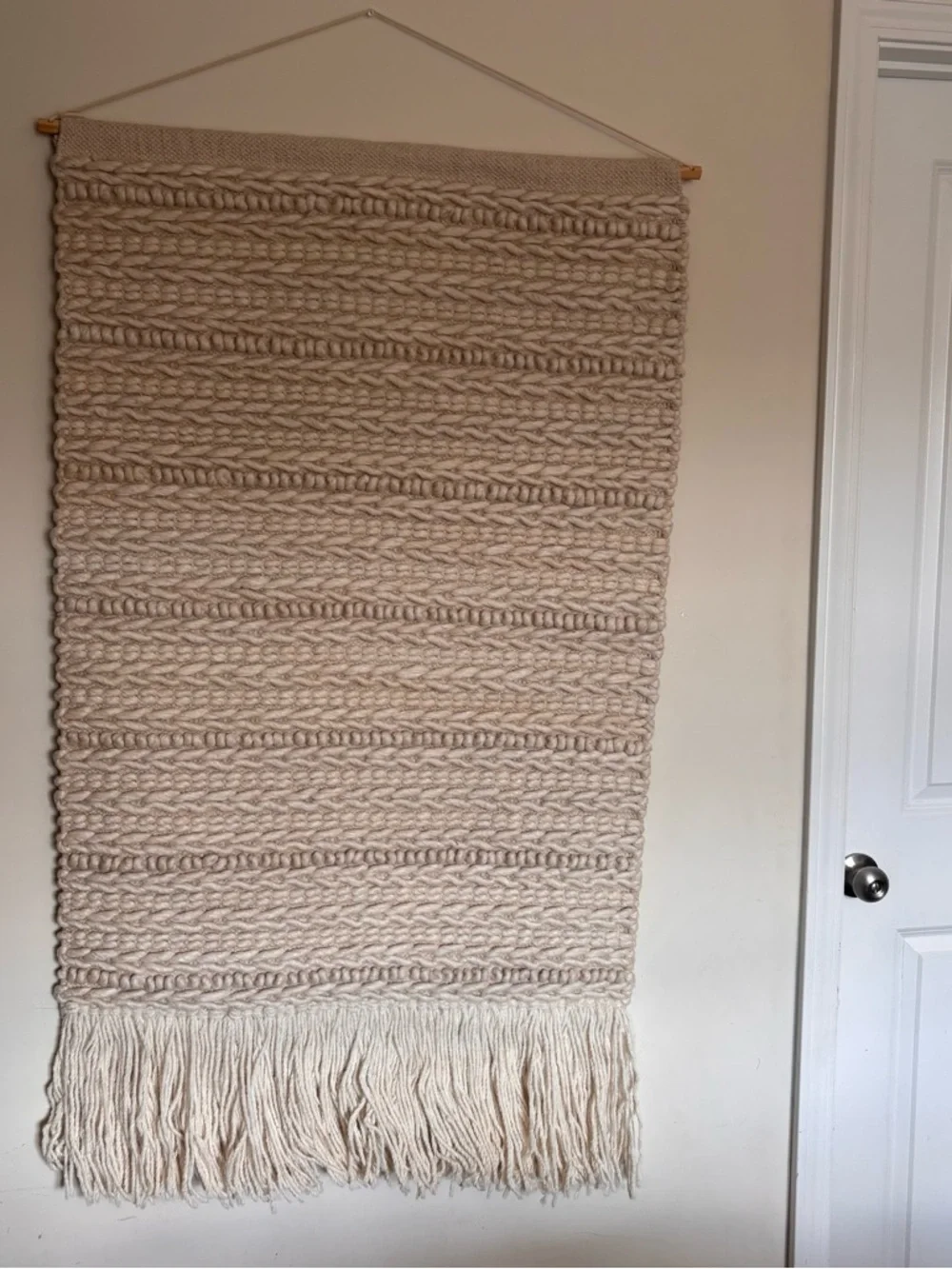Handwoven Wool Wall Hanging Lrg Chunky Textured Natural Cream Long Fringe 30x54”